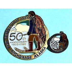 2 pin Lot 1985 Anchorage Alaska 50th Anniv.  Fur Rondy Rendezvous Fur Trapper